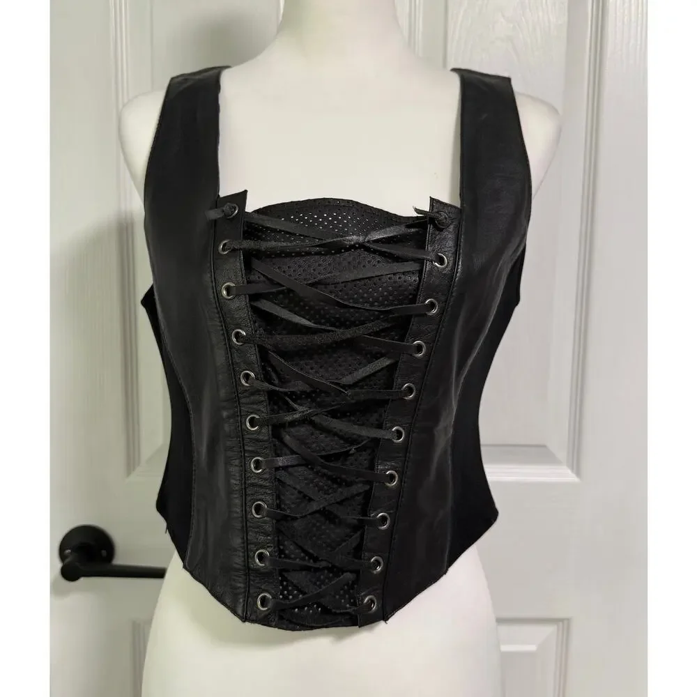 First Genuine Leather Women's Black Lace Up Corset Vest Size Medium - Picture 2 of 12